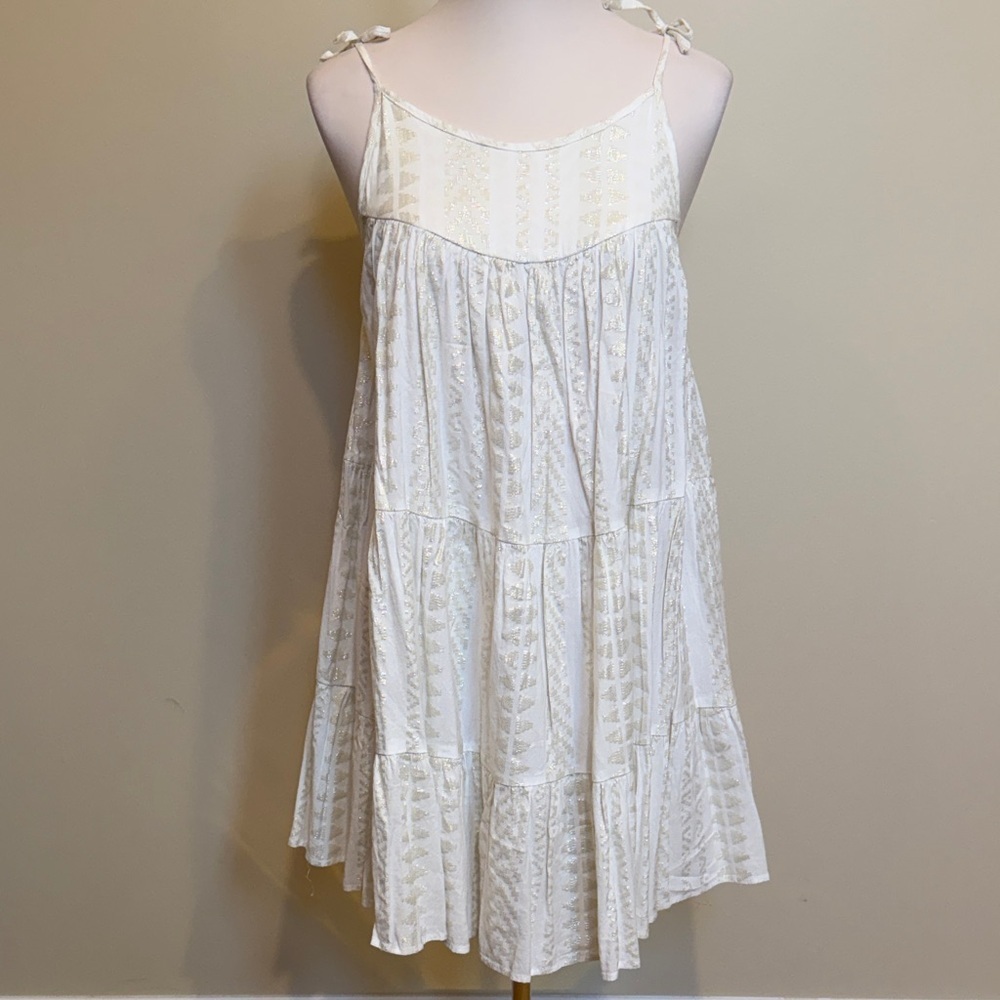 Elan White Gold Metallic Tiered Mini Dress Boho Festival Resort M
